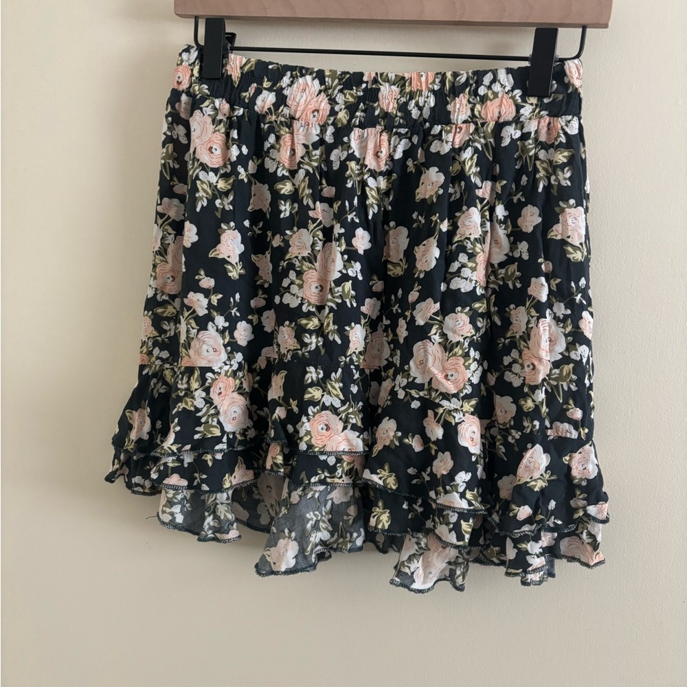 Asymmetrical Floral Ruffle Mini Skirt in Black and Blush